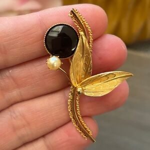 Vintage Corocraft Gold Floral Brooch with Black and Pearl Accents